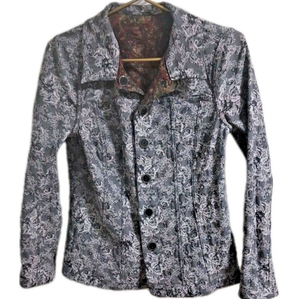 Christopher & Banks Women's Denim Reversible Jacket Floral Button Up Red White
